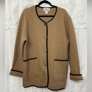 Vintage Tally-Ho Creation Wool Cardigan Camel Tan Black Trim—Women’s Medium
